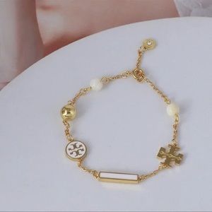NWT Tory Burch Gold White Enamel Mixed Media Adjustable Bracelet